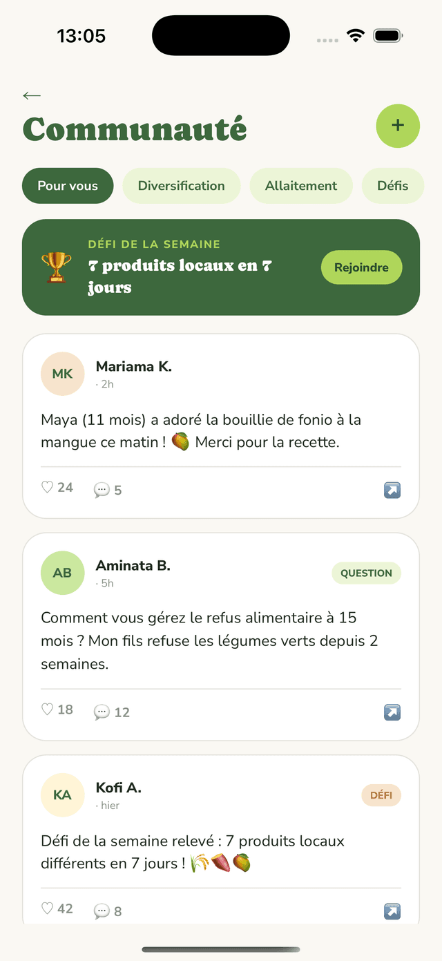 Community screen with real parent threads about feeding and weaning