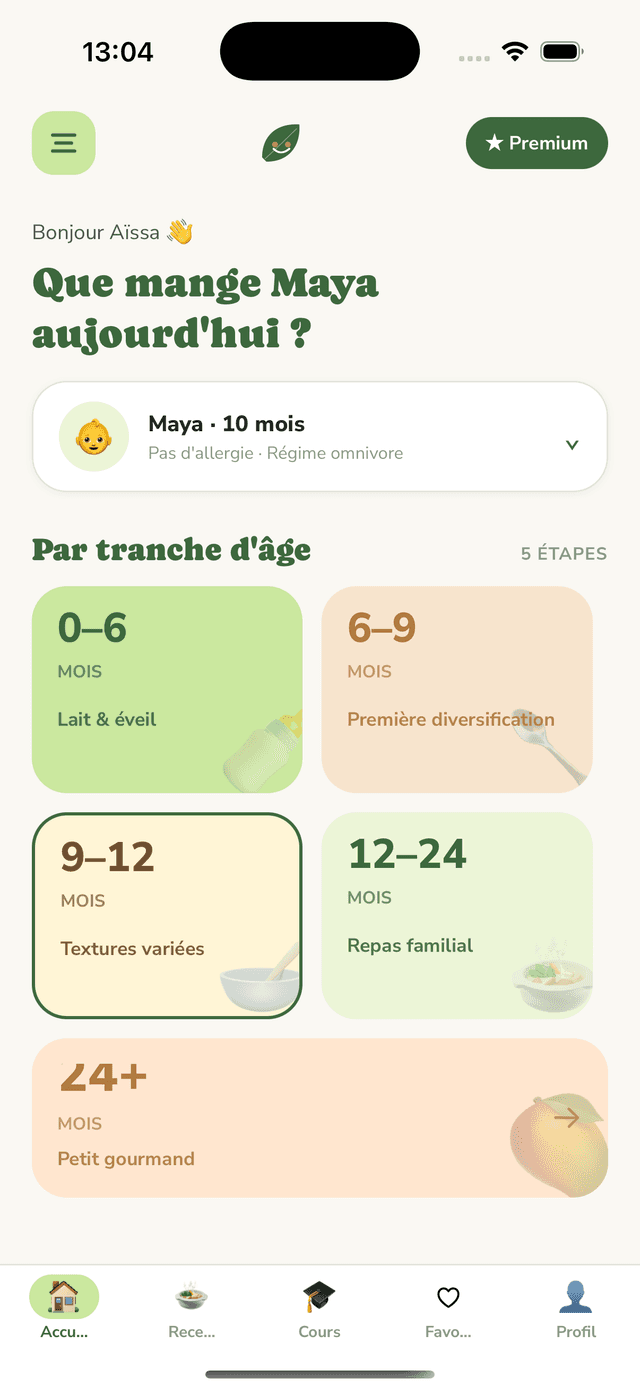 Home dashboard: Maya, 10 mois, with age-range cards from 0-6 to 24+ months