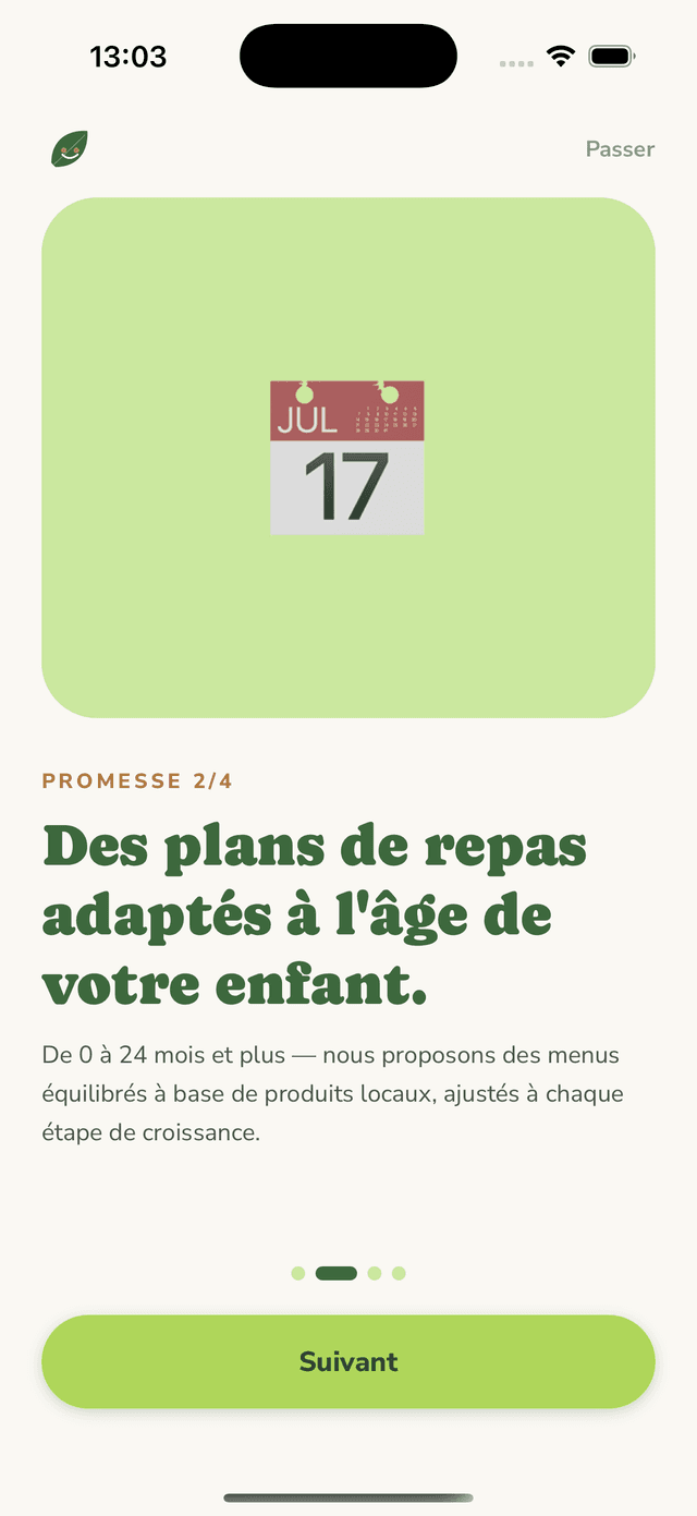Onboarding screen: Promesse 2/4 — meal plans adapted to your child's age